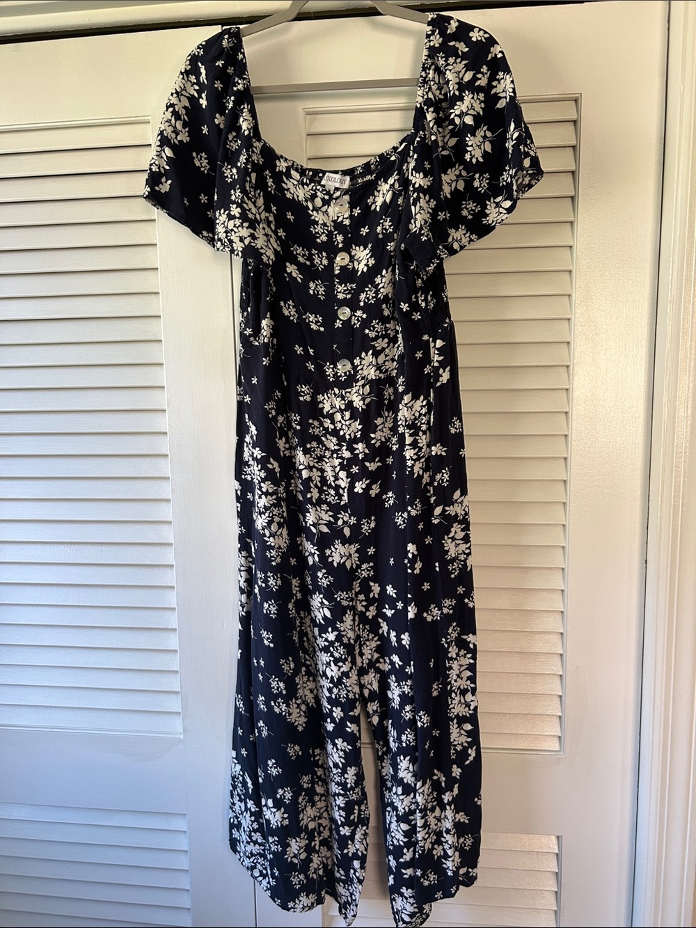 Luxology Navy and White Floral Button-Front Jumpsuit